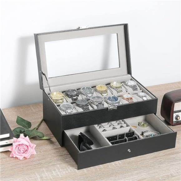 12 Slots Watch Box with Drawer, PU Leather Boxes w/ Glass Lid & Pillow - Black - Picture 3 of 6